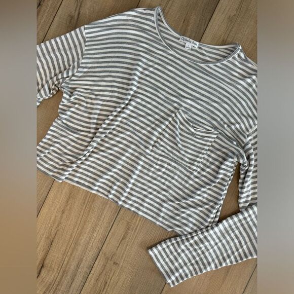 Ophelia Roe gray & white stripe long sleeve cropped shirt large L soft stretchy - Picture 1 of 3